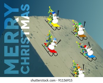 Snowmen skating down the hill. Christmas card