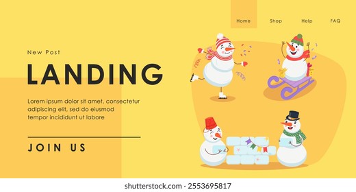 Snowmen skating and sledging vector illustration. Cartoon drawing of New Year and winter symbol. Landing page template. New Year, winter, celebration concept