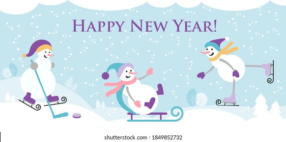 SNOWMEN SKI, HOCKEY AND SKATE Pattern for New Year & Christmas, icon set. Vector illustration