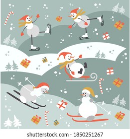 SNOWMEN SKI AND SKATE Pattern for New Year & Christmas, icon set. Vector illustration

