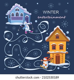 Snowmen skiers. Funny winter games. Vector poster, background, festive template with cartoon characters. Design of page, cover for childrens notepad, banner. Vector illustration.