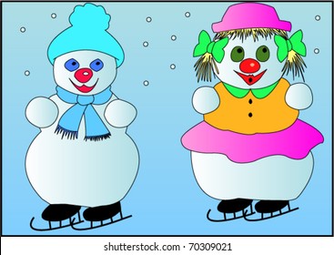 Snowmen skiing - vector