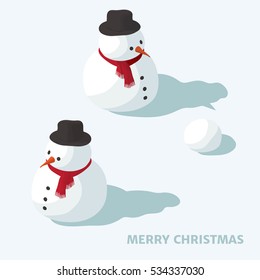 Snowmen and a snowball in the snow in isometric view with shadow.