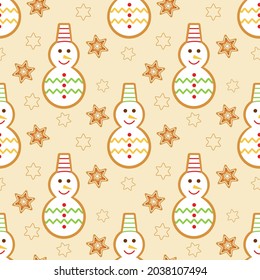 Snowmen and snowflakes Christmas gingerbread seamless pattern. Festive Christmas background with pastries. Decorated with glaze figurines, a template for packaging, paper, fabric, wallpaper and decor.