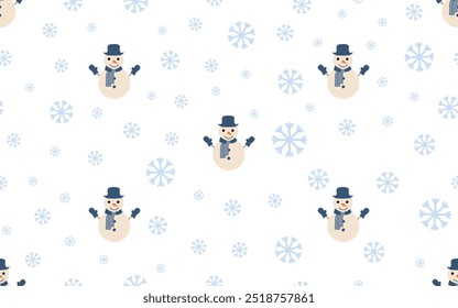 Snowmen and snowflakes isolated on a white background. Funny seamless pattern in a hand-drawn style. Background for paper, gift wrap, card, textile, interior decor.