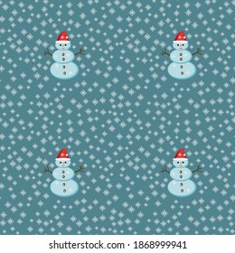 Snowmen and snowflakes on a blue background. Christmas background.
