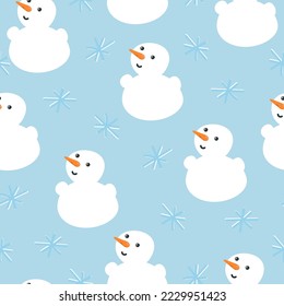 Snowmen and snowflakes on a blue background. Vector seamless pattern