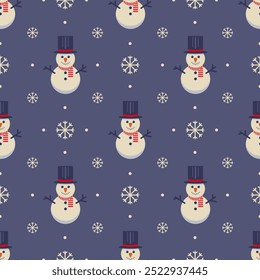 Snowmen and snowflakes on a blue background. Vector seamless pattern