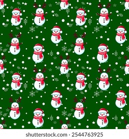 snowmen and snowflakes on a green background, christmas background .