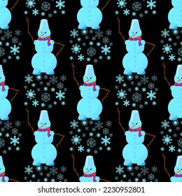 snowmen and snowflakes, seamless pattern, vector illustration