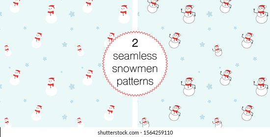 Snowmen with snowflakes seamless pattern. Winter and Christmas rapport for wallpaper, fabric, textile, wrap, surface, web and print design. Kids motif.