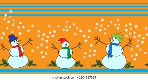 Snowmen snowflakes seamless vector border orange and blue