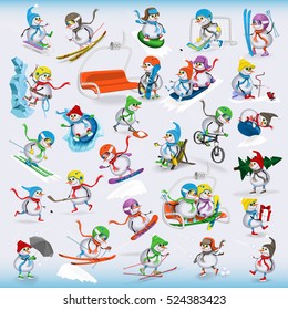 Snowmen spending time on winter vacation. Set of twenty nine snowmen. Winter fun. Vector illustration.