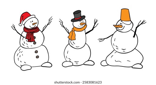 Snowmen trio in doodle style, each with unique accessories: Santa hat, top hat, orange bucket. Flat vector character isolated white background for New Year card, print, brochures, poster design