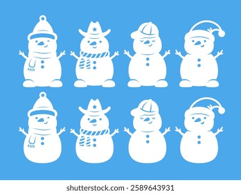 Snowmen vector silhouettes bundle. Paper or laser cut templates. Christmas characters. Cute illustrations. Holiday symbols. For card, window and wall decorations, for craft and sublimation.