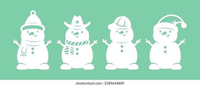 Snowmen vector silhouettes bundle. Paper or laser cut templates. Christmas characters. Cute illustrations. Holiday symbols. For card, window and wall decorations, for craft and sublimation.