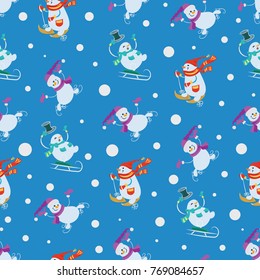 Snowmen. Winter entertainment. Seamless pattern. Design for children's textiles and packaging materials, background image with cartoon characters.