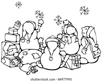Snowmen write  greeting on wall.
