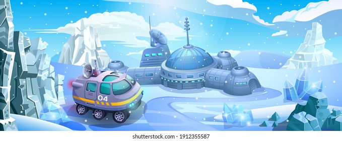 Snowmobile. Arctic research station with an all-terrain vehicle. An autonomous settlement among snow, rocks and ice. 