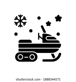 Snowmobile black glyph icon. Motor sled. Snow scooter. Snowmachine ride. Skidoo drive. Winter recreation extreme activity. Silhouette symbol on white space. Vector isolated illustration