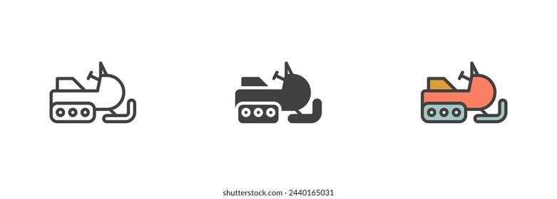 Conjunto de iconos de diferentes estilos para motos de nieve. Línea, glifo y contorno relleno versión colorida, contorno y signo de vector relleno. Símbolo, ilustración del logotipo. Gráficos vectoriales