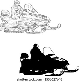 Snowmobile with driver silhouette sketch on white background