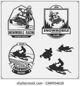 Snowmobile emblems, labels, badges and design elements. Print design for t-shirt and sport club emblems.