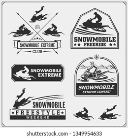 Snowmobile emblems, labels, badges and design elements. Snowmobile Freestyle. Print design for t-shirt and sport club emblems.