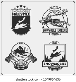 Snowmobile emblems, labels, badges and design elements. Snowmobile Freestyle. Print design for t-shirt and sport club emblems.