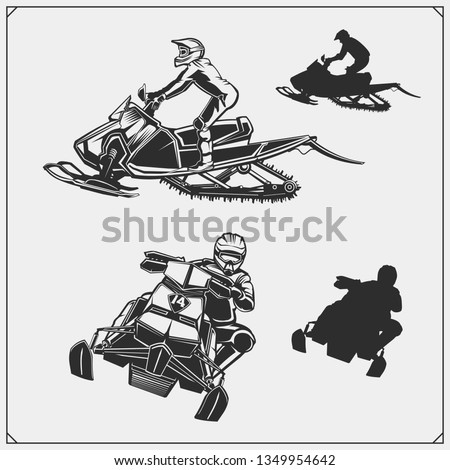 Snowmobile emblems, labels, badges and design elements. Print design for t-shirt and sport club emblems.