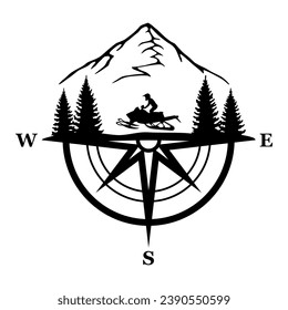 Snowmobile in the Forest and Mountain, Compass, Hand Drawn Vector Illustration