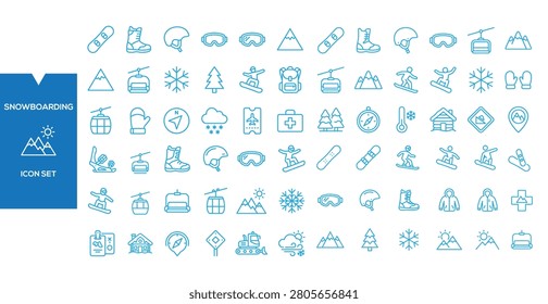 Snowmobile Icon Set: A comprehensive collection of linear icons representing various elements and activities associated with snowmobiling.