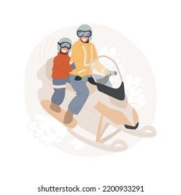 Snowmobile Isolated Cartoon Vector Illustration. Snowmobiling Adventure, Family Winter Recreation, Seasonal Resort, Riding Snowmobile Together With Kids, Wearing Helmet, Holiday Vector Cartoon.