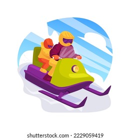 Snowmobile isolated cartoon vector illustration. Snowmobiling adventure, family winter recreation, seasonal resort, riding snowmobile together with kids, wearing helmet, holiday vector cartoon.