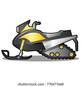 Snowmobile isolated on white background. Winter seasonal transportation of a hunter. Vector cartoon close-up illustration.