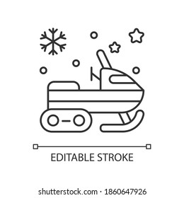 Snowmobile linear icon. Motor sled. Snow scooter. Snowmachine ride. Skidoo drive. Thin line customizable illustration. Contour symbol. Vector isolated outline drawing. Editable stroke