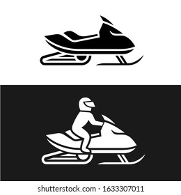 Snowmobile with man driving and no man sign. Side view snow mobile solid logo.