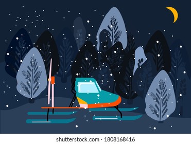 Snowmobile or motor sled in trendy colours.Winter night landscape with forest.Self-propelled vehicle with a screw as a engine,ski-supported,designed for movement on ice.New Year 2021.Explore Arctic 