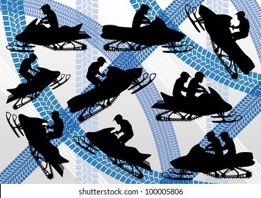 Snowmobile motorbike silhouettes illustration collection on colorful winter ice track background vector