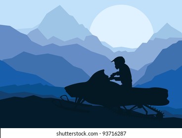 Snowmobile rider in wild nature landscape background illustration vector