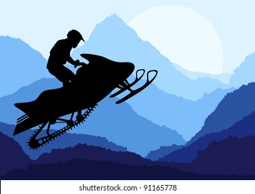 Snowmobile riders in wild nature landscape background illustration vector
