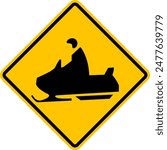 Snowmobile road sign. Snowmobile trails. Snowmobile traffic in this area. Crossing road a snowmobile. Rhombus road sign. Warning yellow diamond  road sign.
