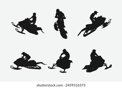 juego de siluetas para motos de nieve. deportes de invierno, carreras. aislado sobre fondo blanco. Ilustración vectorial gráfica.