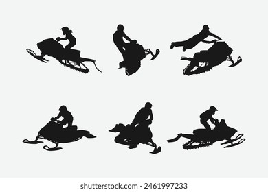 snowmobile silhouette set. winter sports, racing. isolated on white background. graphic vector illustration.