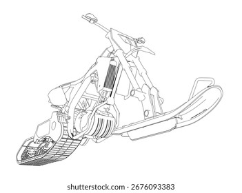 Boceto de moto de nieve con componentes etiquetados, motor detallado y líneas de contorno sobre un fondo blanco. La ilustración en blanco y negro muestra claramente la estructura de la moto de nieve.