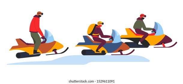 Snowmobile tour. Group of people snowmobiling, driving, racing on snowy slopes. Winter extremal sport transportation. Vector illustration, white background.