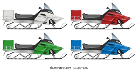 Snowmobile view from side isolated on white background. Winter sports vehicle vector template, all elements in the groups on separate layers for easy editing and recolor