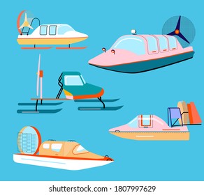 Snowmobiles in trendy colours.Different types and projections.Self-propelled vehicle with a screw as a engine,ski-supported,designed for movement on snow and ice.Winter sport.New Year 2021.Vector