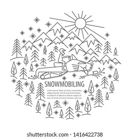 Snowmobiling banner in linear style. Snowmobiling tour template with pleace for text. Vector illustration
