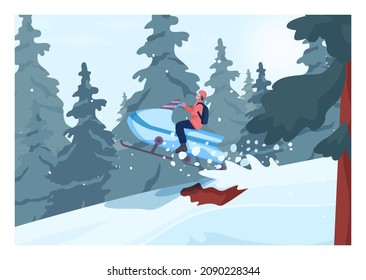 Snowmobiling. Character in outwear and helmet driving snowmobile down a slope. Freeride, winter ski resort extreme sport activity. Flat vector illustration